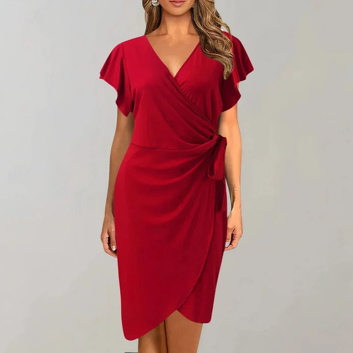 Vestito corto portafoglio maniche corte scollo a V con fiocco