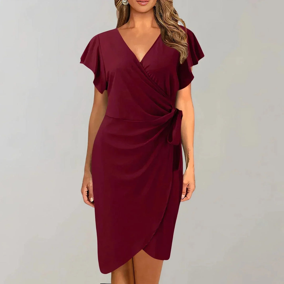 Vestito corto portafoglio maniche corte scollo a V con fiocco