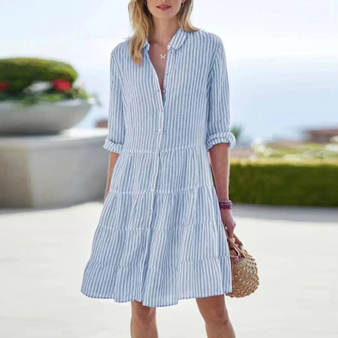 Vestito corto donna abbottonato a righe maniche lunghe