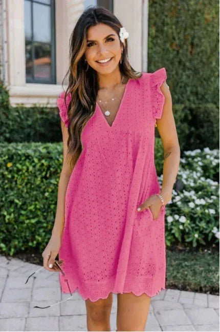 Vestito corto da donna senza maniche in pizzo con tasche