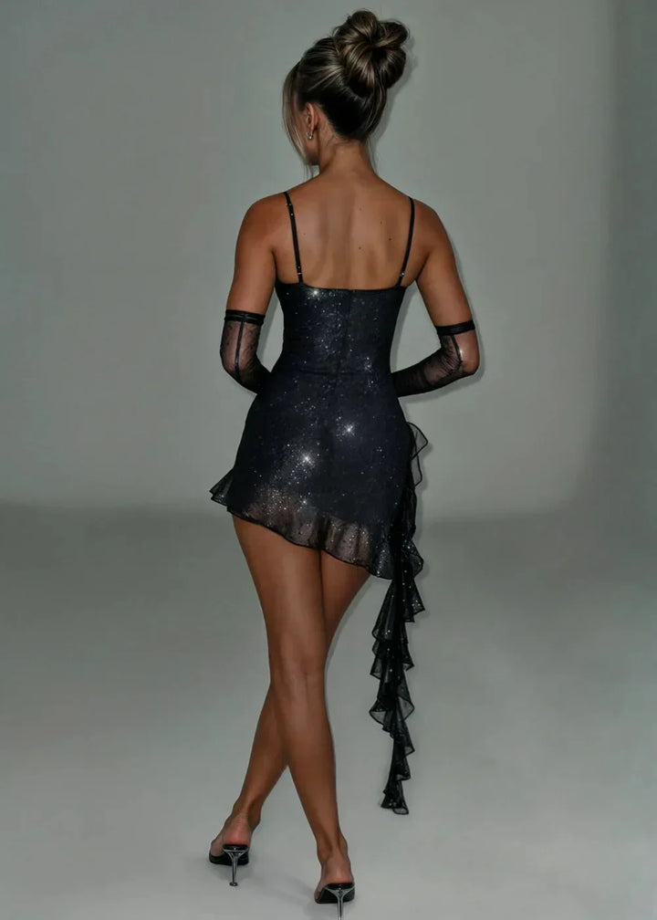 Vestito corto donna scintillante con volant e spalline