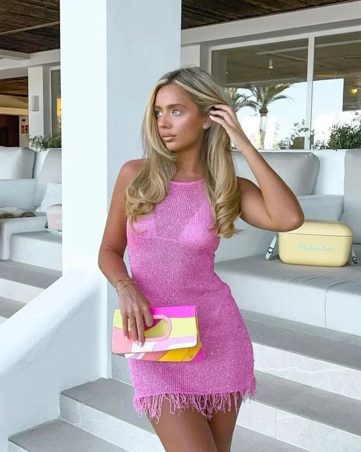 Vestito corto donna da sera senza maniche con frange brillanti