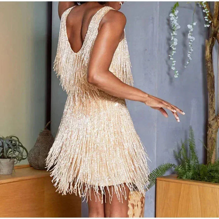 Vestito corto da sera con paillettes e piume, spalline sottili