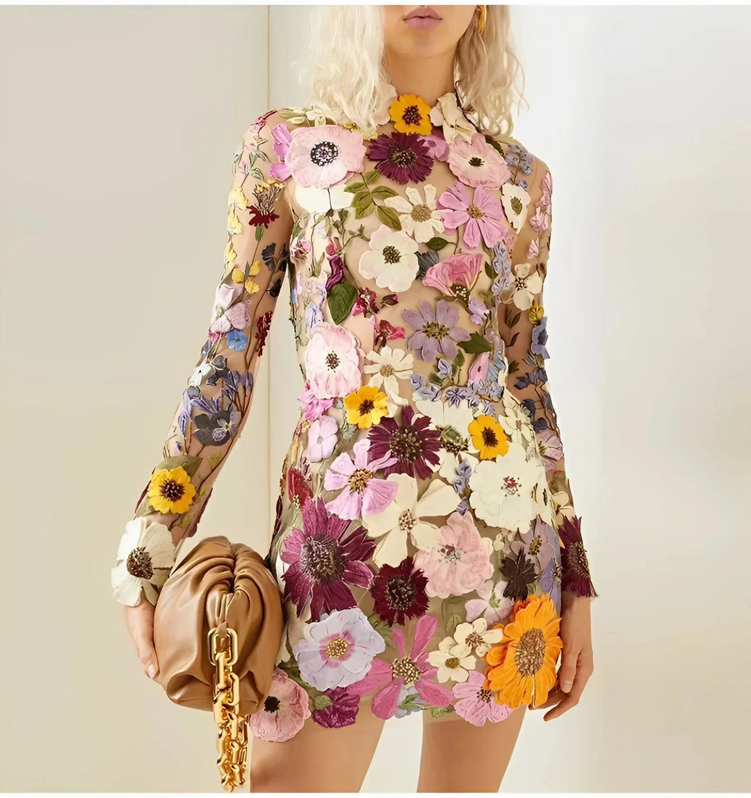 Vestito corto donna trasparente floreale maniche lunghe da sera
