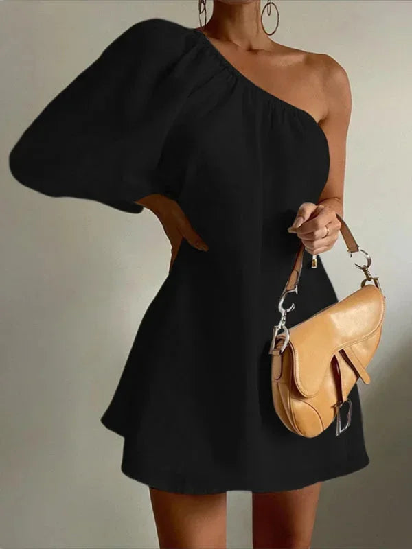 Vestito corto da donna monospalla con Manica a sbuffo