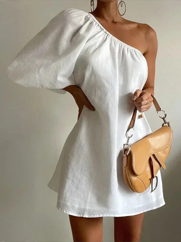 Vestito corto da donna monospalla con Manica a sbuffo