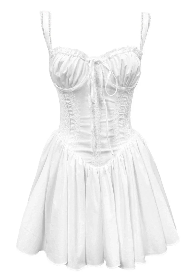Vestito corto svasato con bretelle e scollo arricciato