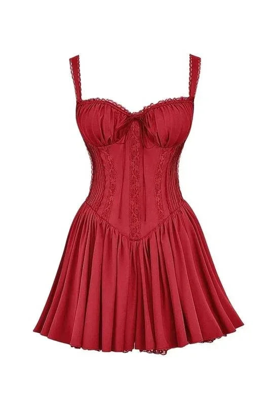 Vestito corto svasato con bretelle e scollo arricciato
