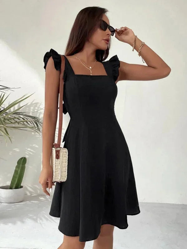 Vestito corto svasato da donna con Maniche a volant estivo