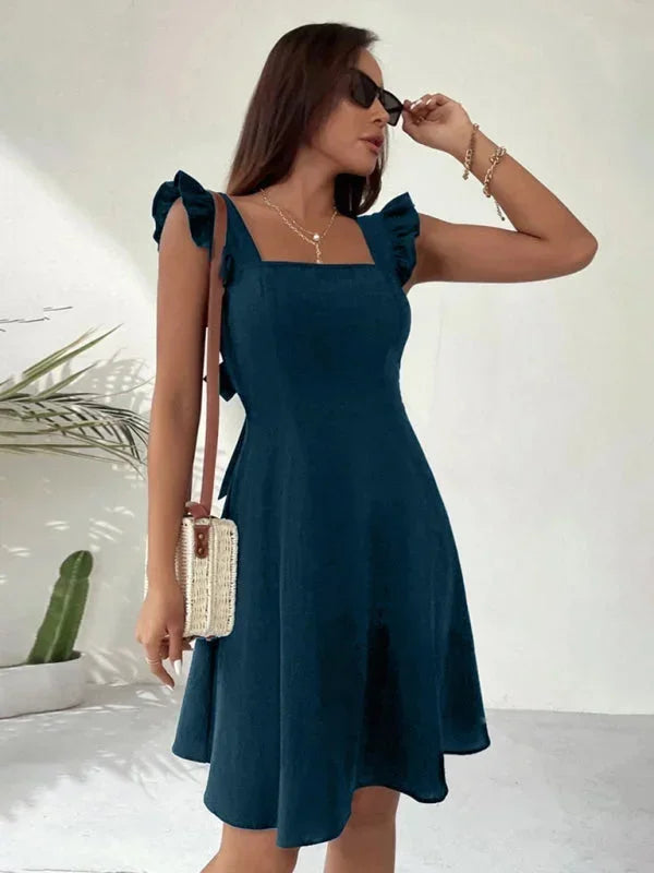 Vestito corto svasato da donna con Maniche a volant estivo