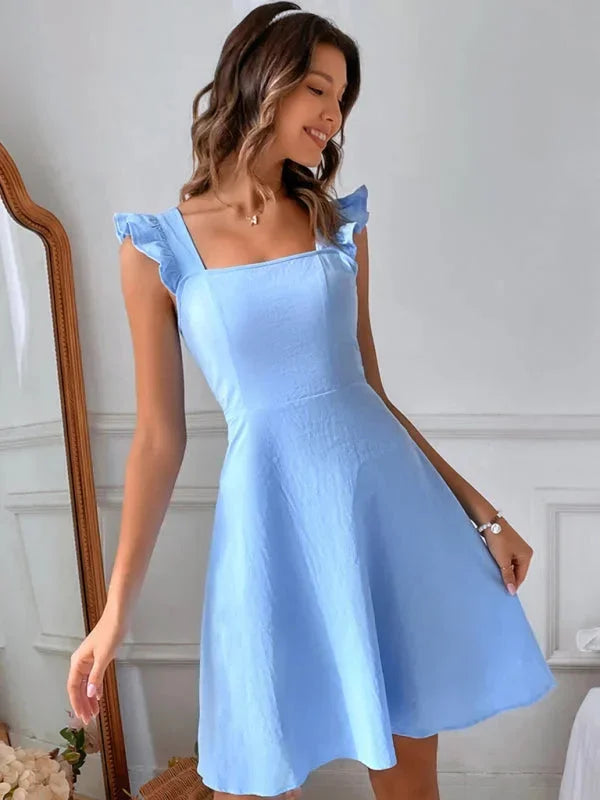 Vestito corto svasato da donna con Maniche a volant estivo