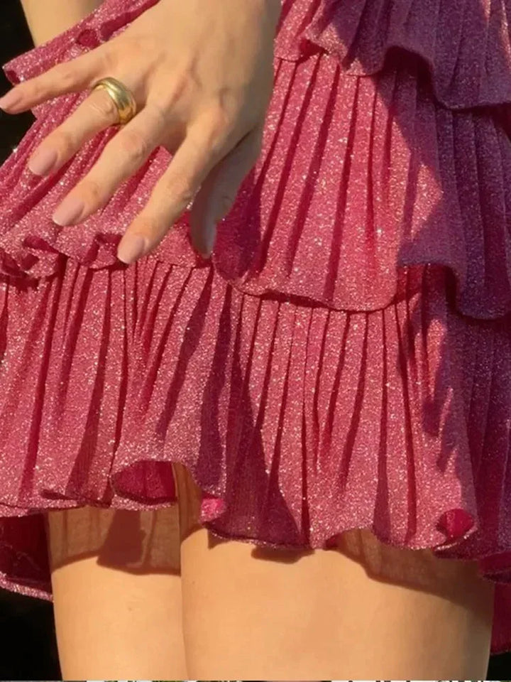 Vestito corto donna rosa con volant, stelle, da spiaggia