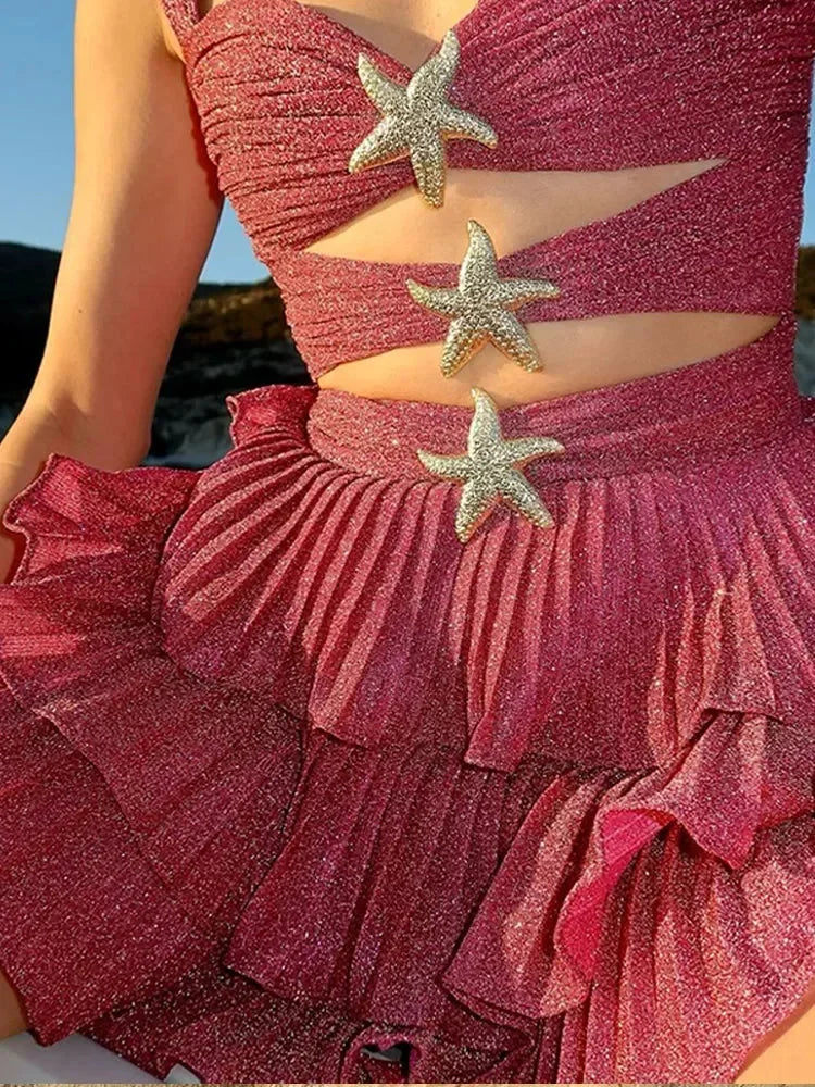 Vestito corto donna rosa con volant, stelle, da spiaggia