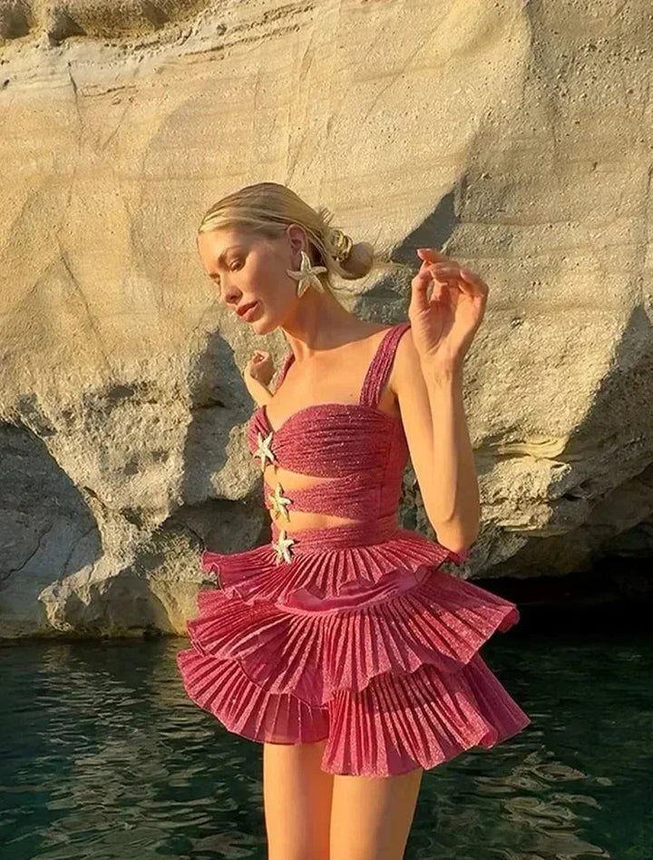 Vestito corto donna rosa con volant, stelle, da spiaggia