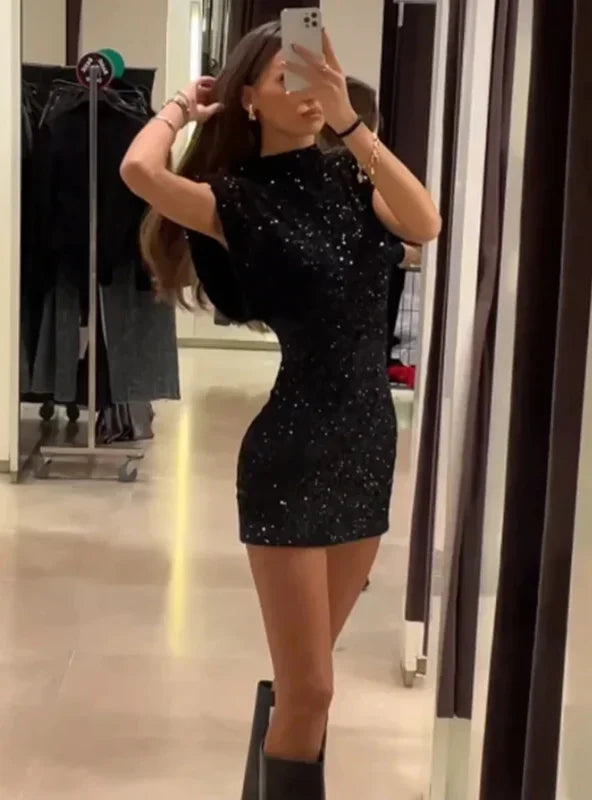 Tubino donna con paillettes e spalline imbottite da sera