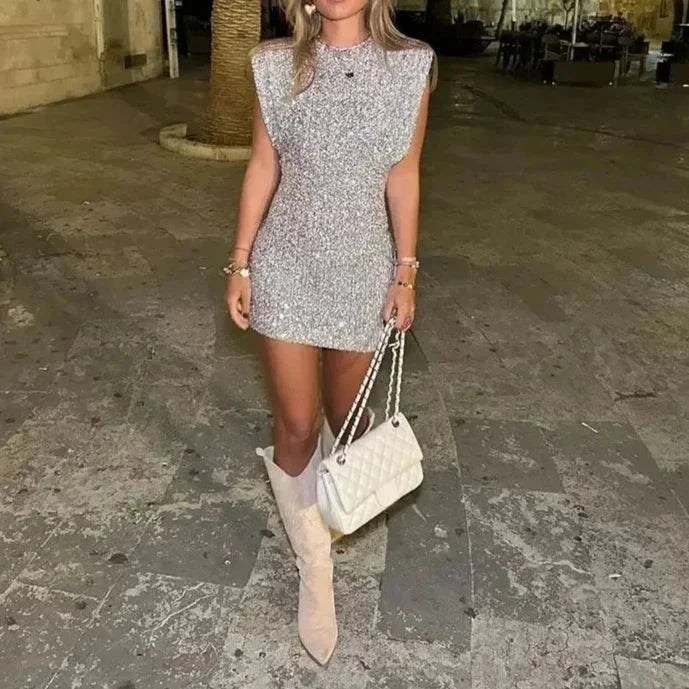 Tubino donna con paillettes e spalline imbottite da sera