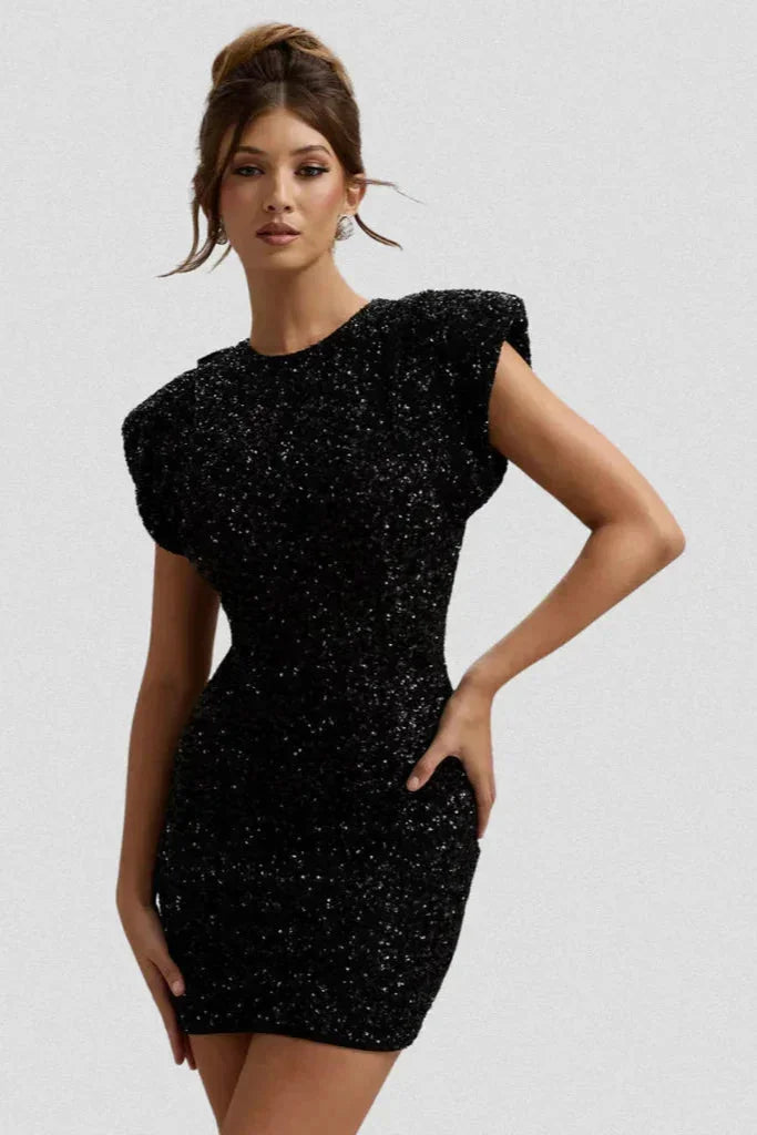 Tubino donna con paillettes e spalline imbottite da sera