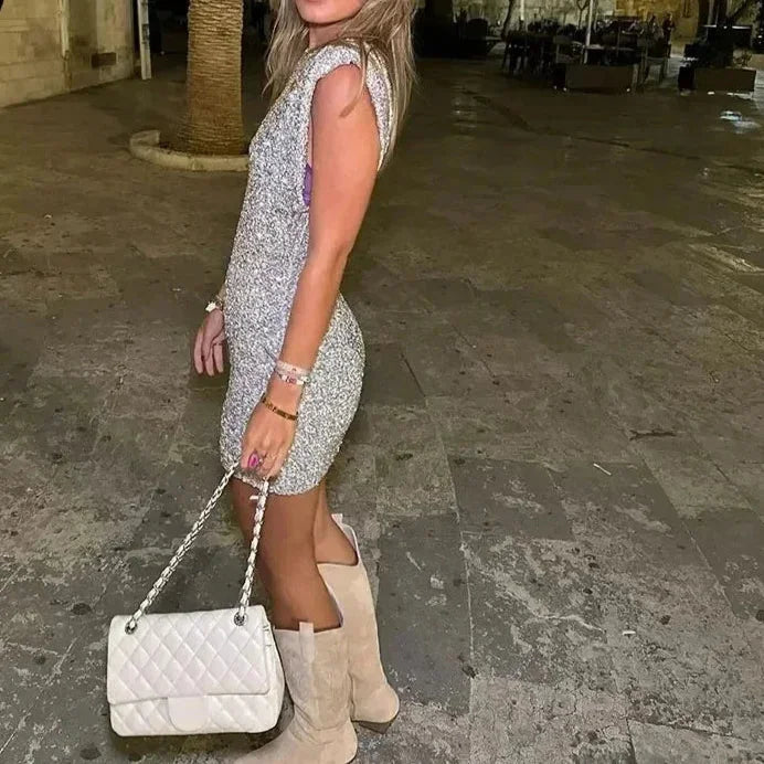 Tubino donna con paillettes e spalline imbottite da sera