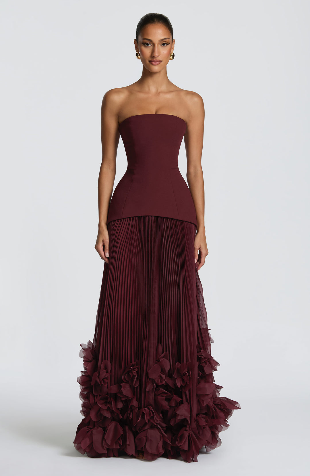 Vestito lungo donna a bustier gonna plissettata allacciatura sulla schiena applicazioni floreali
