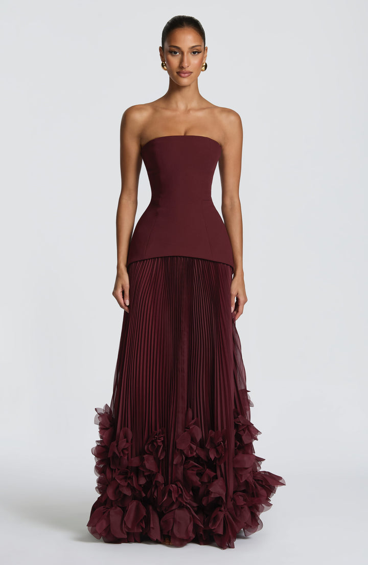 Vestito lungo donna a bustier gonna plissettata allacciatura sulla schiena applicazioni floreali