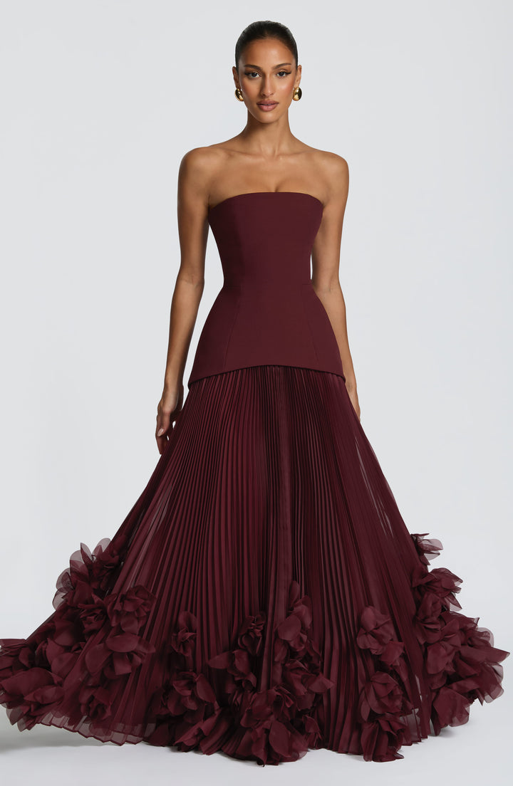 Vestito lungo donna a bustier gonna plissettata allacciatura sulla schiena applicazioni floreali
