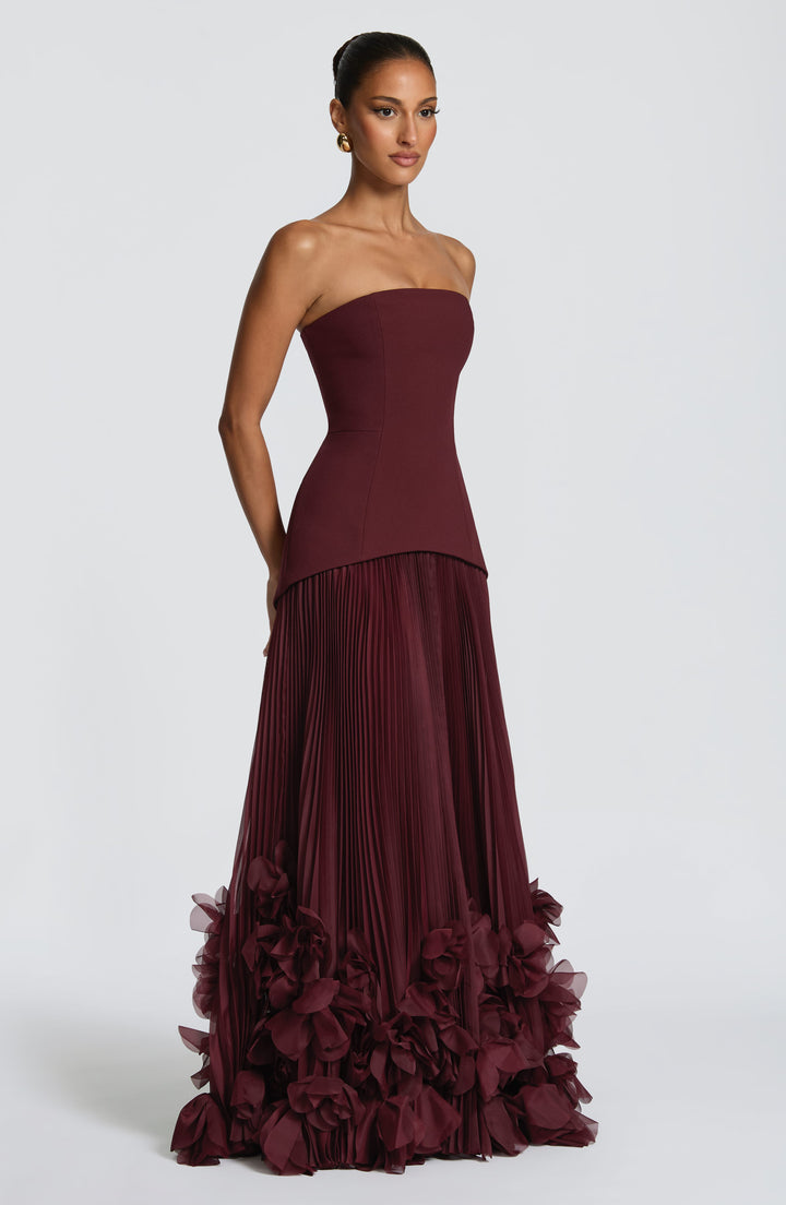 Vestito lungo donna a bustier gonna plissettata allacciatura sulla schiena applicazioni floreali