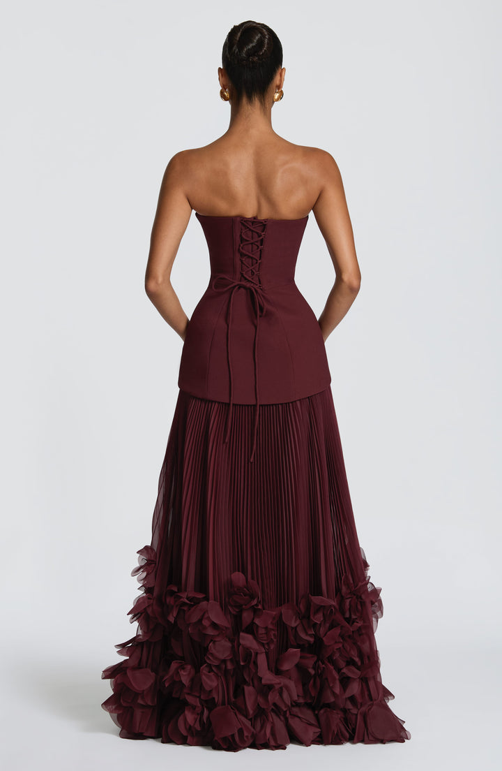 Vestito lungo donna a bustier gonna plissettata allacciatura sulla schiena applicazioni floreali