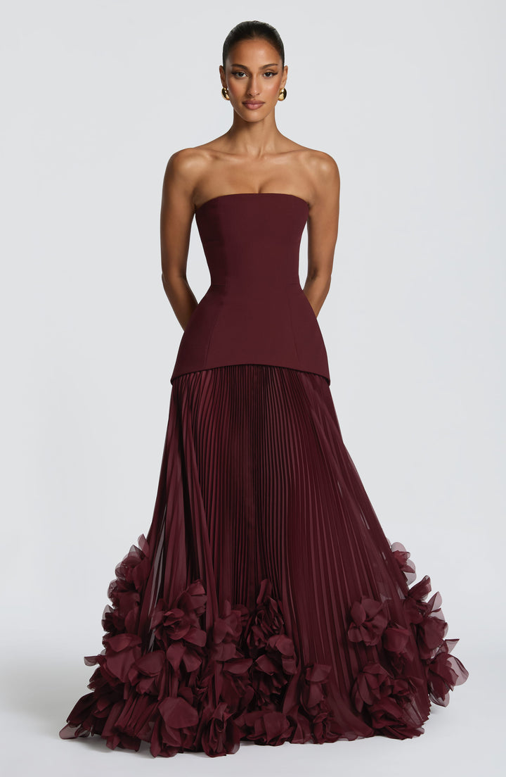 Vestito lungo donna a bustier gonna plissettata allacciatura sulla schiena applicazioni floreali