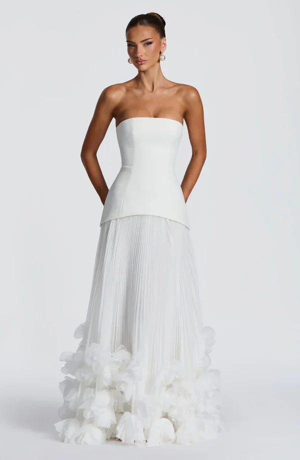 Vestito lungo donna a bustier gonna plissettata allacciatura sulla schiena applicazioni floreali