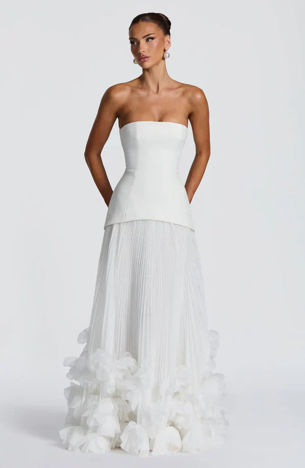 Vestito lungo donna a bustier gonna plissettata allacciatura sulla schiena applicazioni floreali