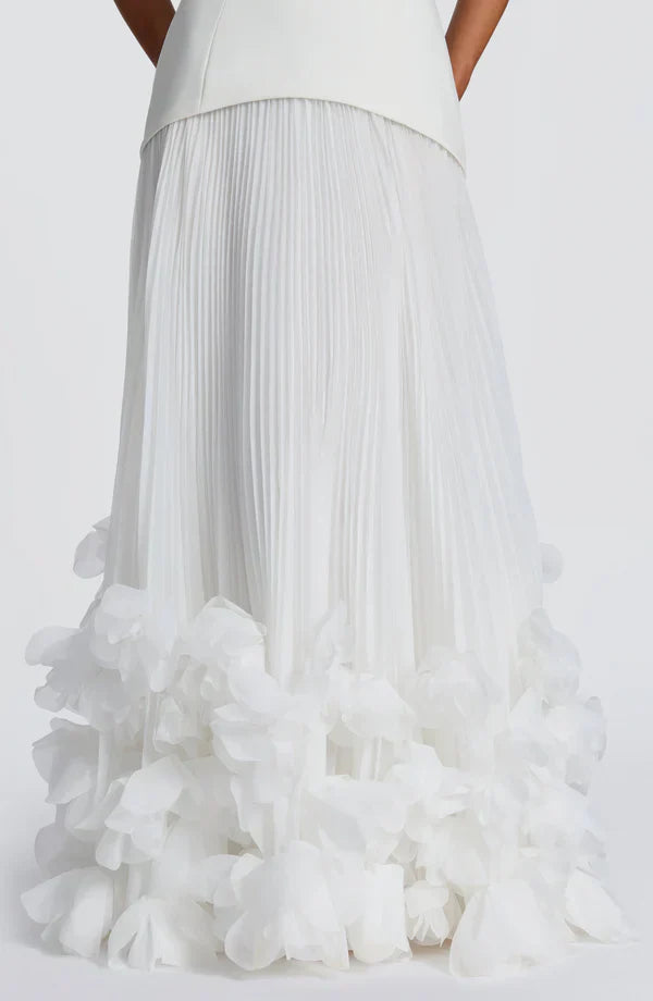 Vestito lungo donna a bustier gonna plissettata allacciatura sulla schiena applicazioni floreali