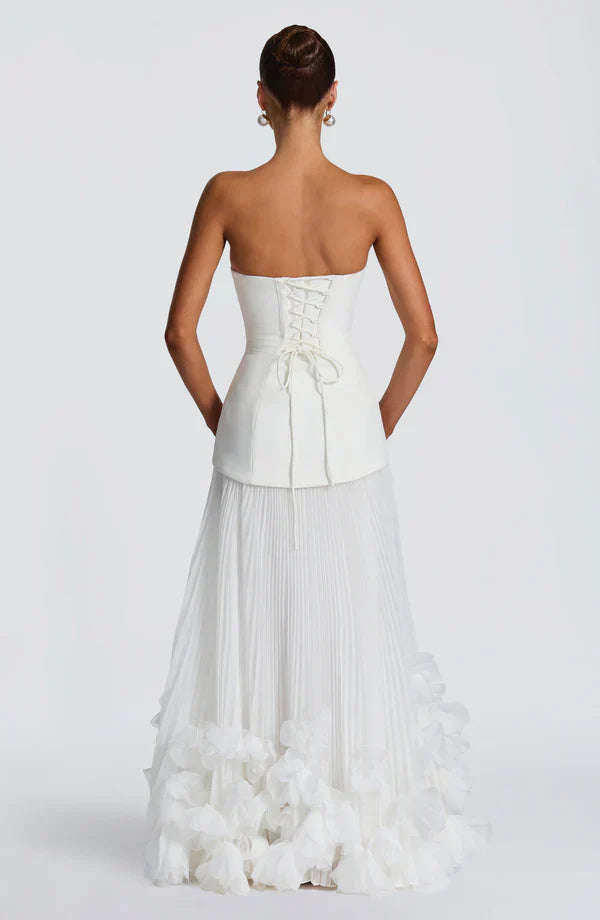 Vestito lungo donna a bustier gonna plissettata allacciatura sulla schiena applicazioni floreali