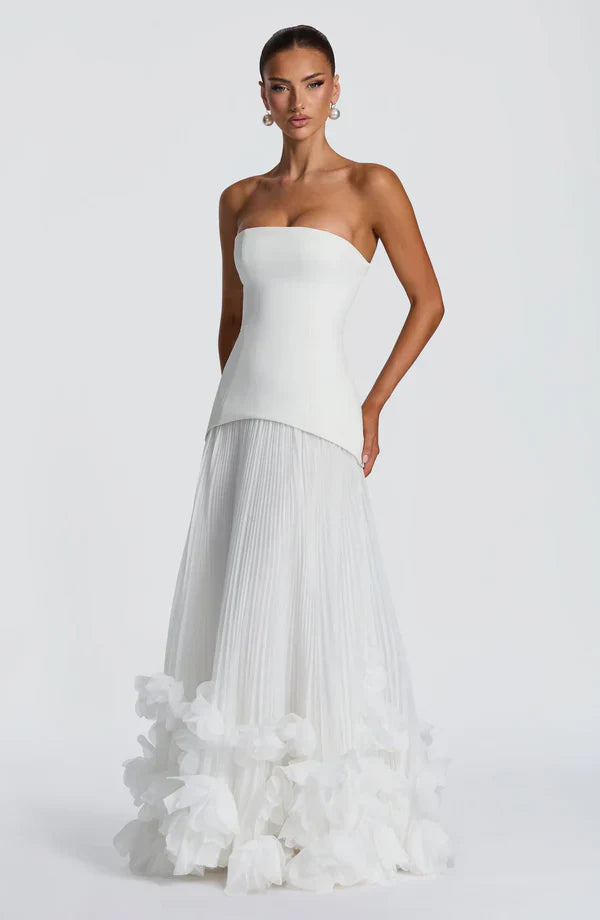 Vestito lungo donna a bustier gonna plissettata allacciatura sulla schiena applicazioni floreali
