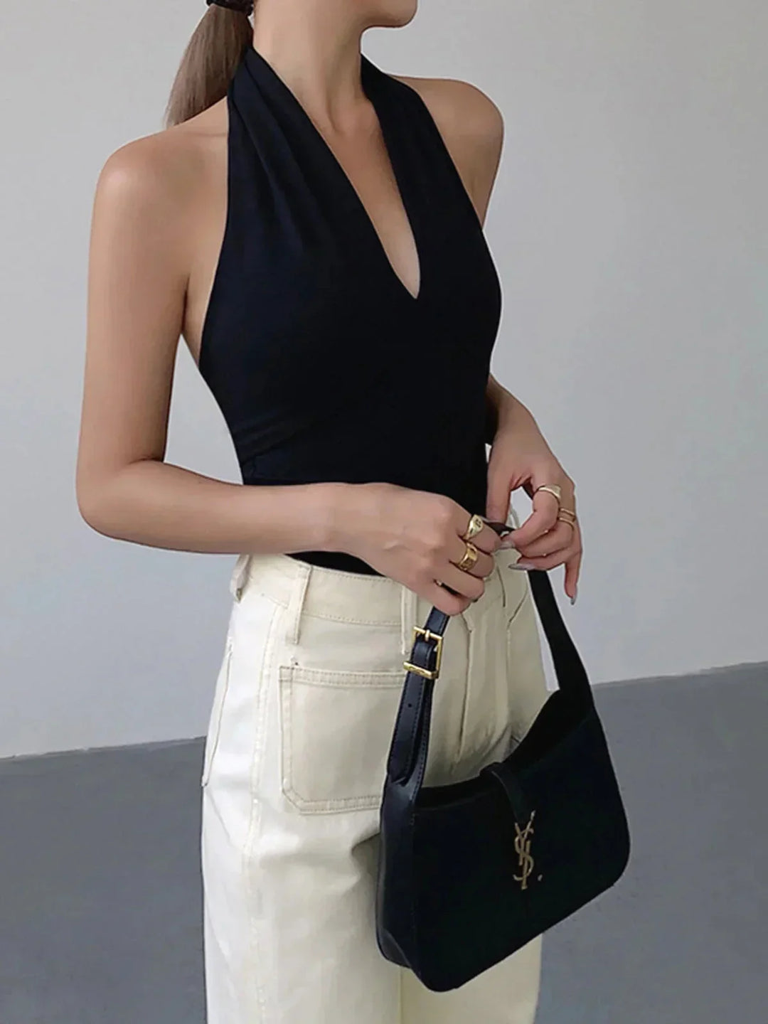 Top halter donna schiena nuda scollo a V incrociato senza Manica in maglia