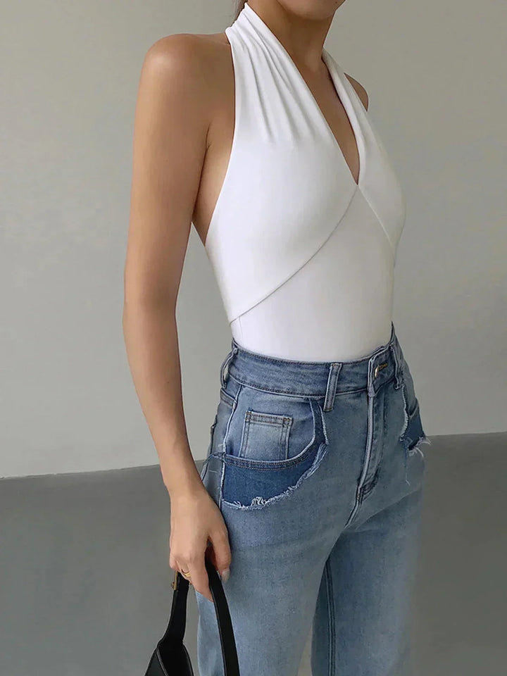 Top halter donna schiena nuda scollo a V incrociato senza Manica in maglia