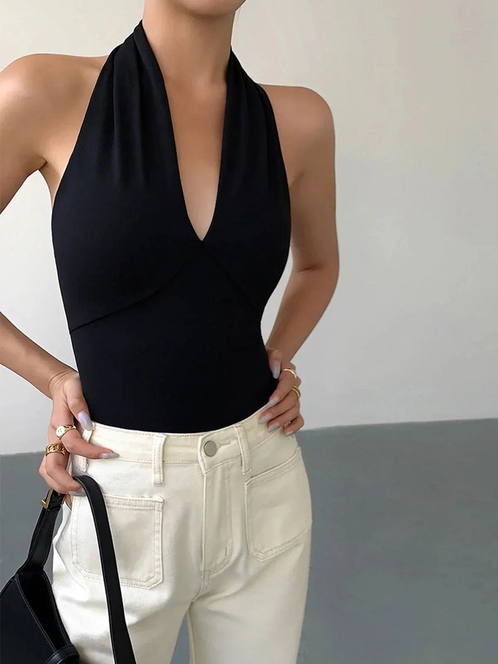 Top halter donna schiena nuda scollo a V incrociato senza Manica in maglia