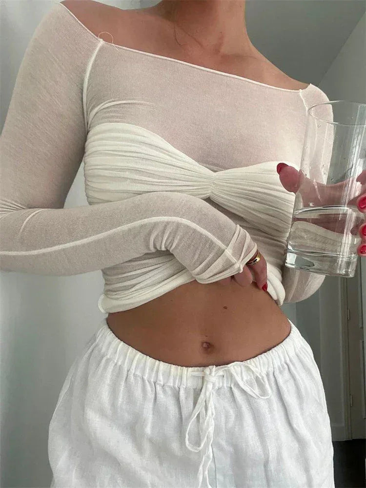 Top da donna in maglia trasparente con dettaglio intrecciato
