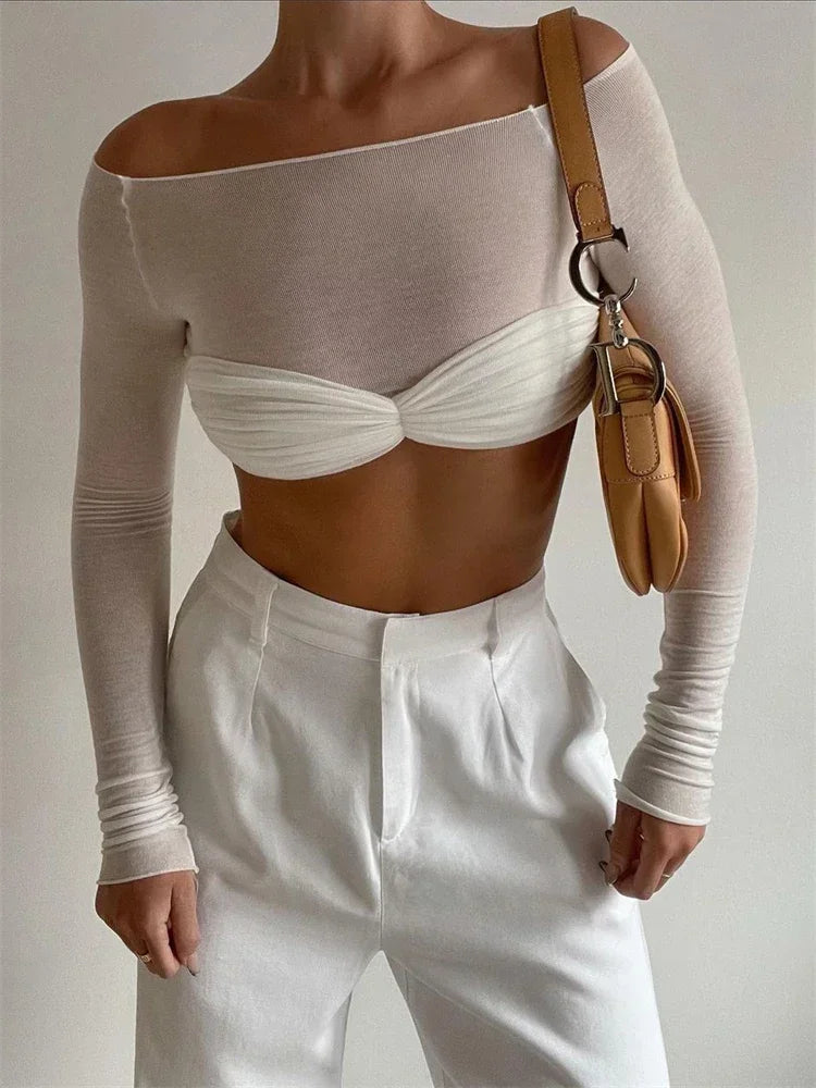 Top da donna in maglia trasparente con dettaglio intrecciato
