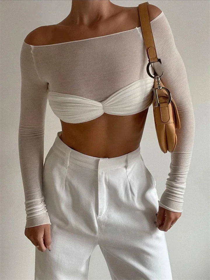 Top da donna in maglia trasparente con dettaglio intrecciato
