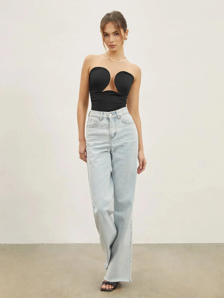 Top donna nero bustier con scollatura a cuore