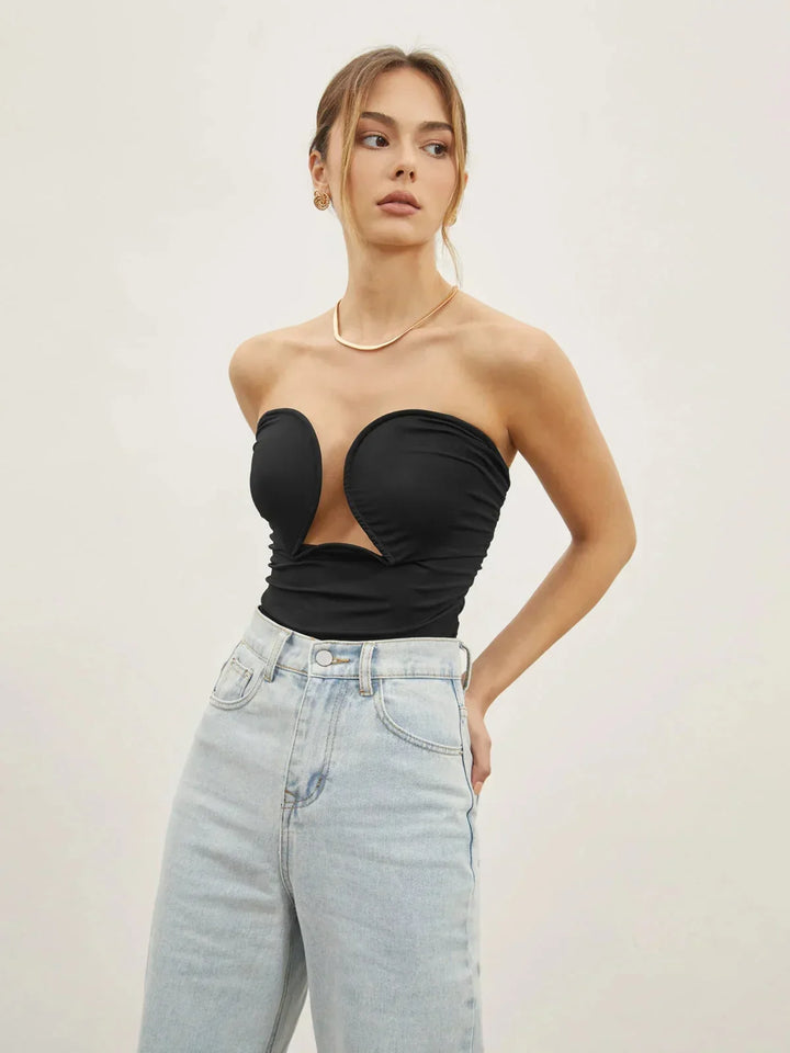 Top donna nero bustier con scollatura a cuore