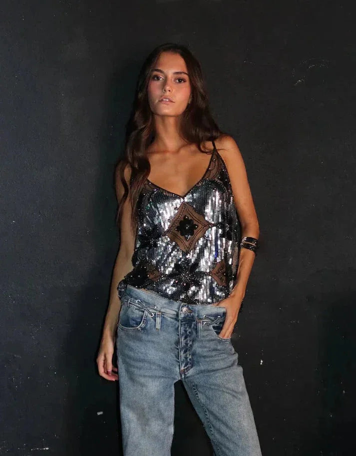 Top paillettes donna nero senza maniche