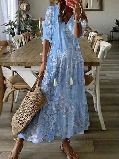 Abito midi donna multicolore scollo a V da annodare maniche corte motivi boho
