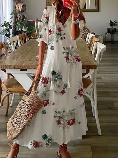 Abito midi donna multicolore scollo a V da annodare maniche corte motivi boho