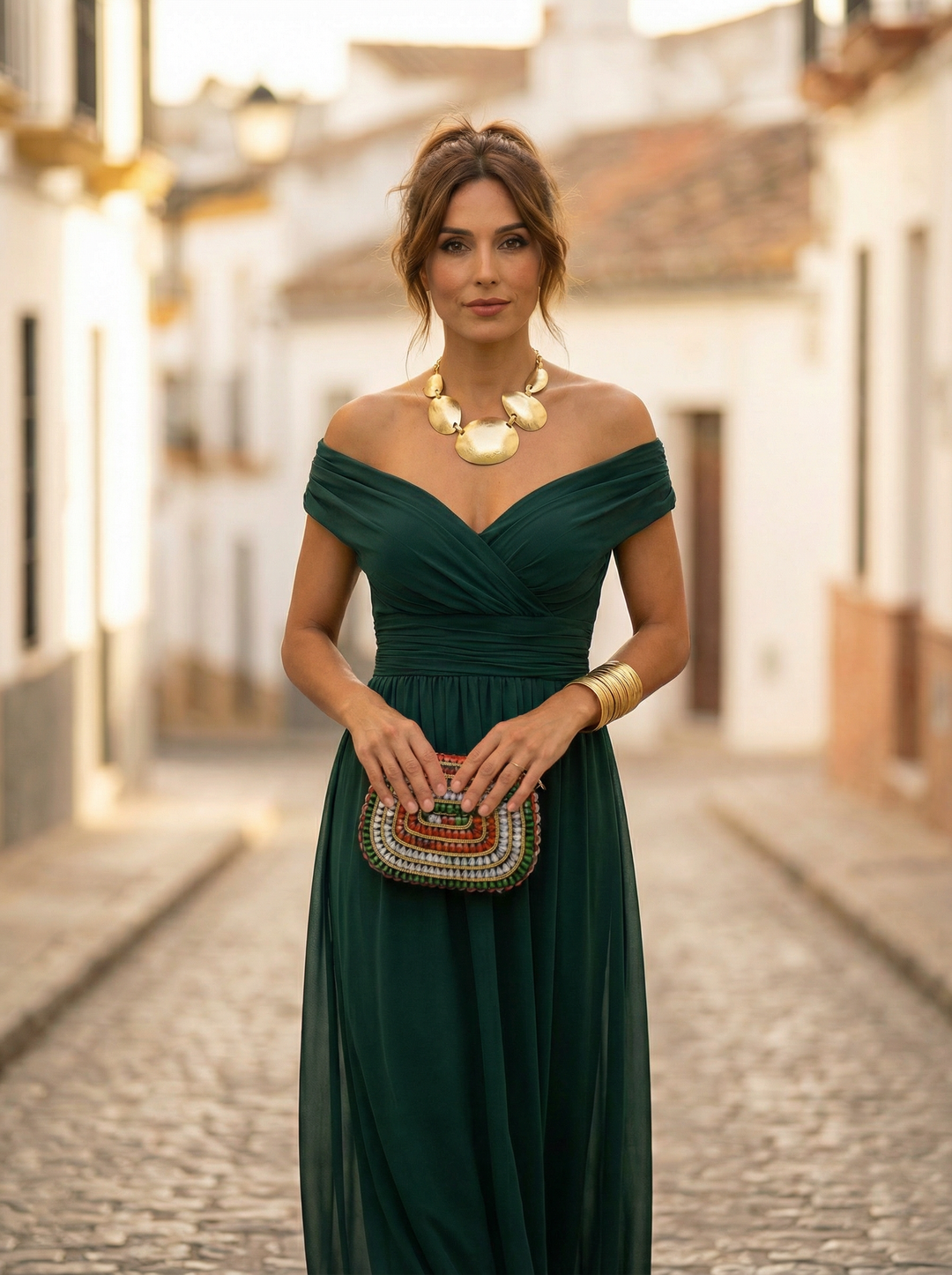 Vestito lungo da donna con Spalle scoperte, scollatura a V, drappeggiato, vita arricciata