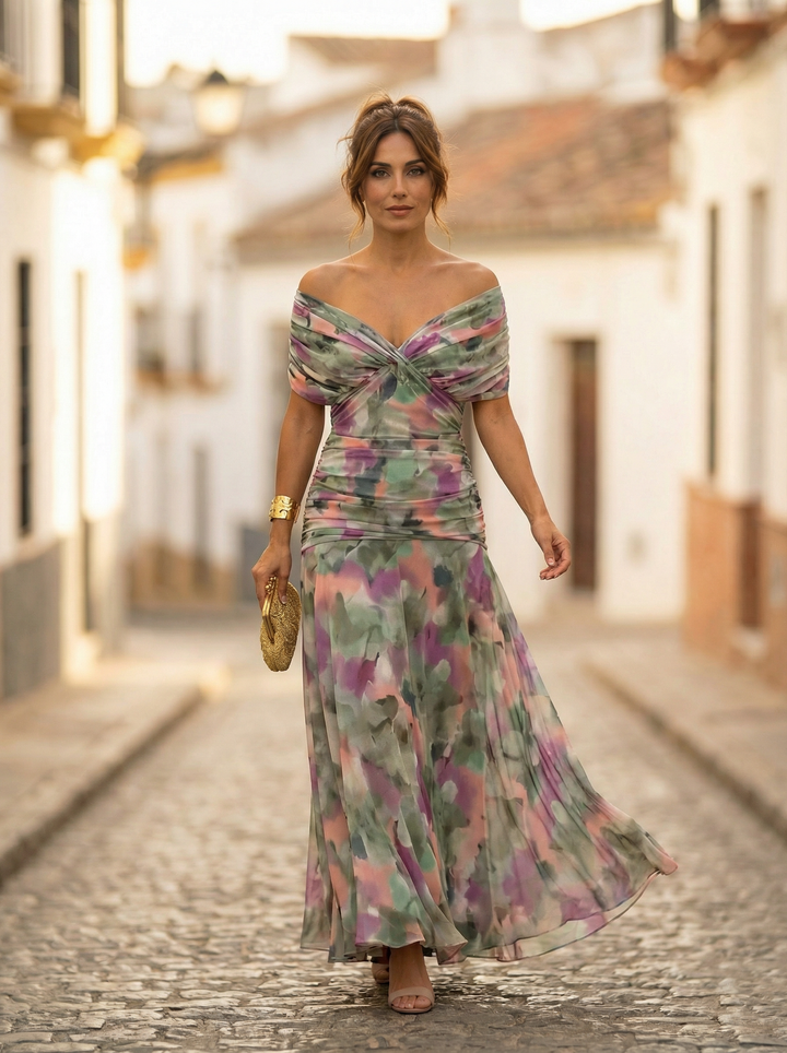 Vestito lungo da donna con Spalle scoperte, scollatura a V, drappeggiato, vita arricciata