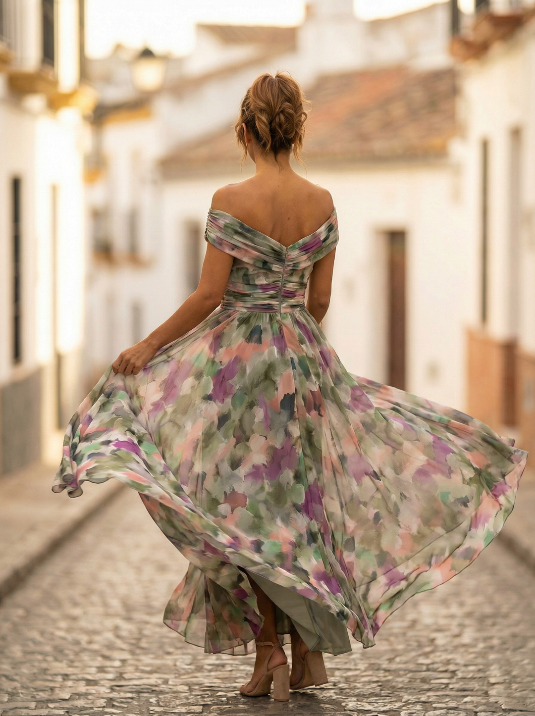 Vestito lungo da donna con Spalle scoperte, scollatura a V, drappeggiato, vita arricciata