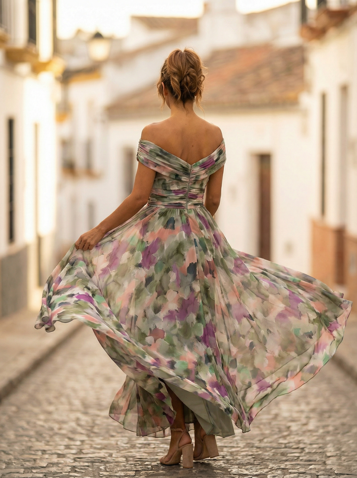 Vestito lungo da donna con Spalle scoperte, scollatura a V, drappeggiato, vita arricciata