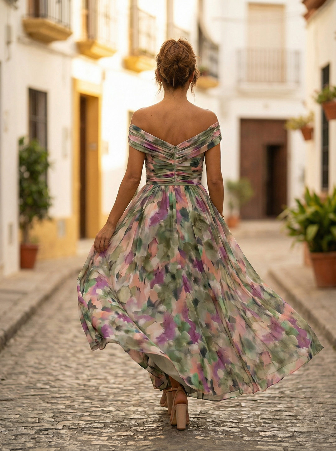 Vestito lungo da donna con Spalle scoperte, scollatura a V, drappeggiato, vita arricciata