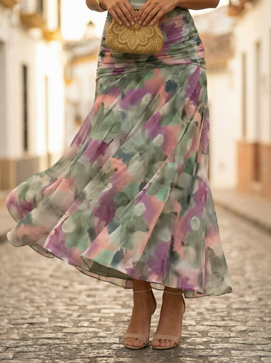 Vestito lungo da donna con Spalle scoperte, scollatura a V, drappeggiato, vita arricciata